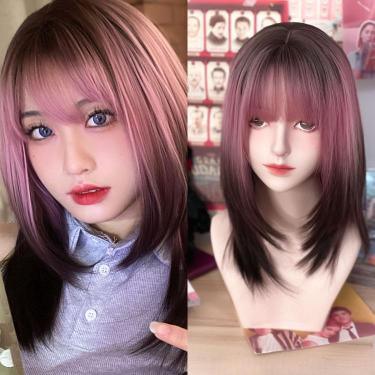 Pink and Black Ombre Synthetic Wig with Bangs
