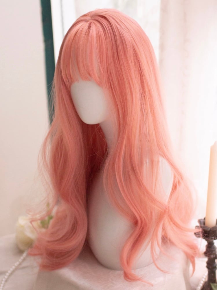 Pink Long Wavy Synthetic Wig with Bangs