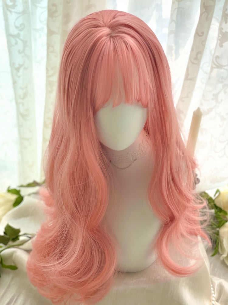 Pink Long Wavy Synthetic Wig with Bangs