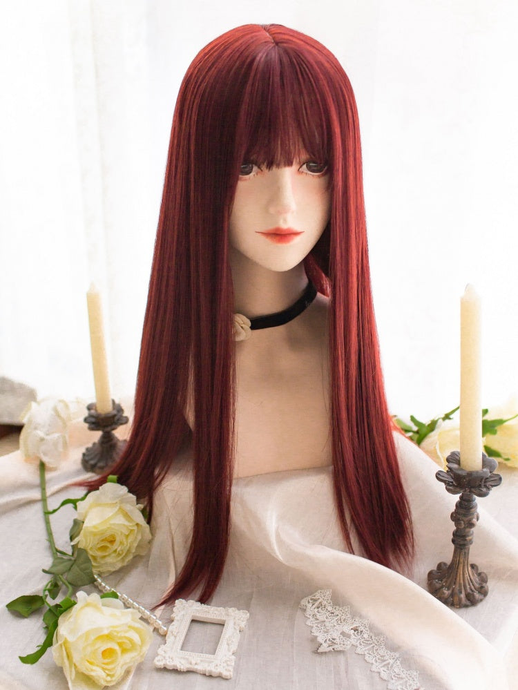 Wine Red Long Straight Synthetic Wig with Bangs