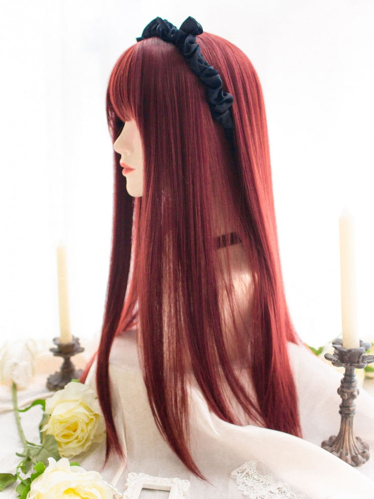 Wine Red Long Straight Synthetic Wig with Bangs