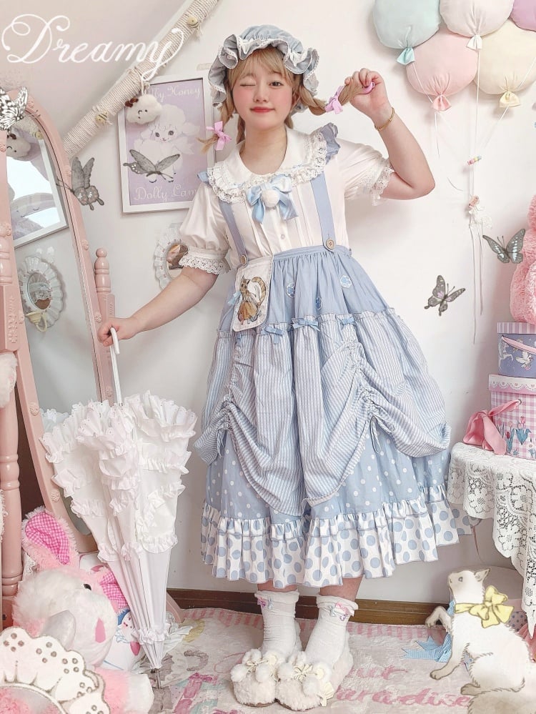 Pink / Blue Polka-dot Overalls Drawstring Hem