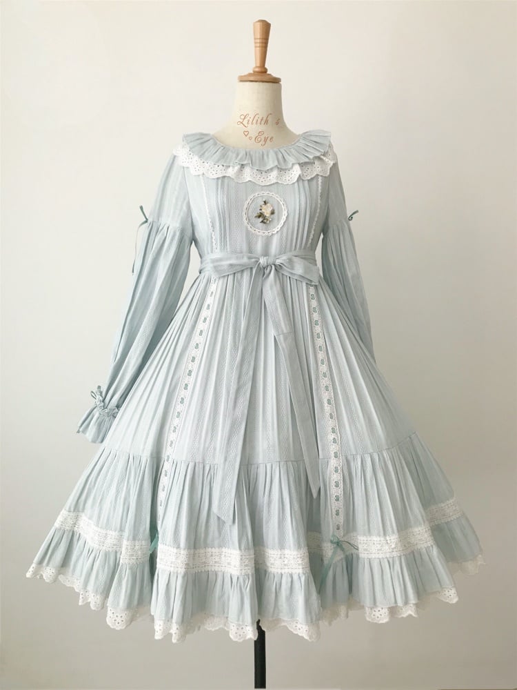 Short Version Margarita Floal Embroidery Bodice Round Neck High Waist Long Sleeves One Piece