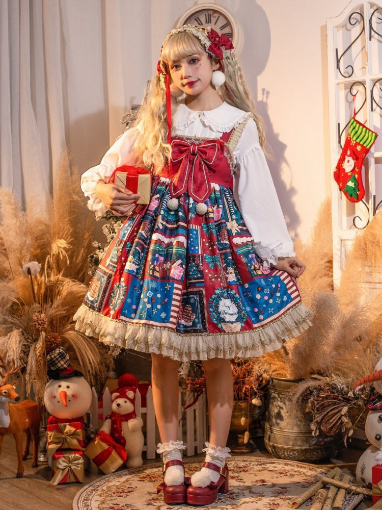 Jingle Bell Color Red Chiristmas Print Big Bow Bodice High Waist JSK