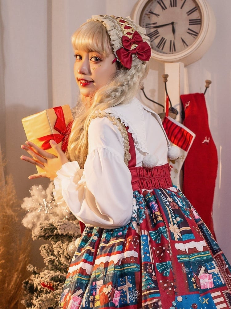 Jingle Bell Color Red Chiristmas Print Big Bow Bodice High Waist JSK
