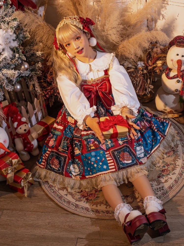 Jingle Bell Color Red Chiristmas Print Big Bow Bodice High Waist JSK