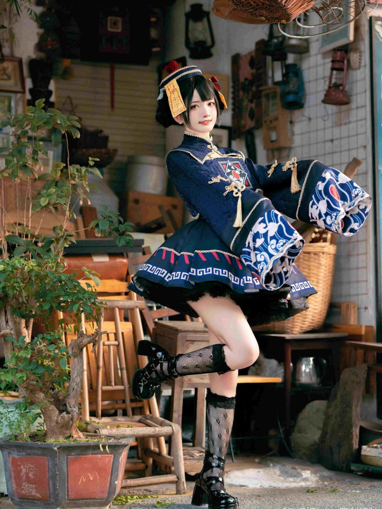 Little Zombie Dark Blue Golden Knot Button JSK Qi Dress