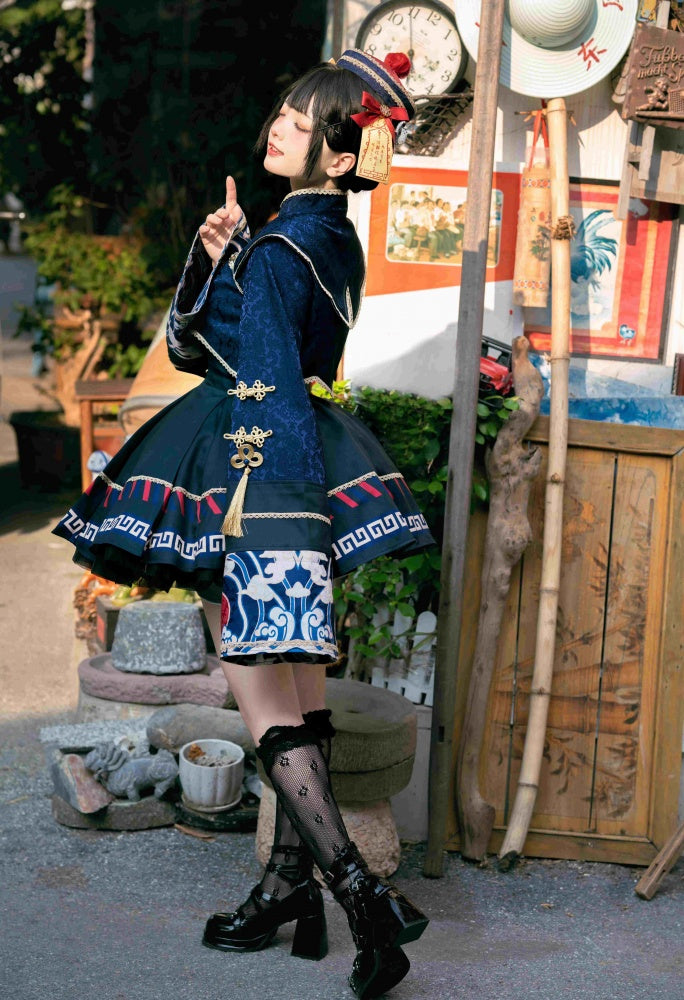 Little Zombie Dark Blue Golden Knot Button JSK Qi Dress