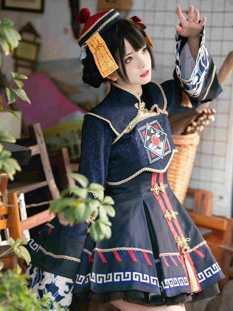 Little Zombie Dark Blue Golden Knot Button JSK Qi Dress