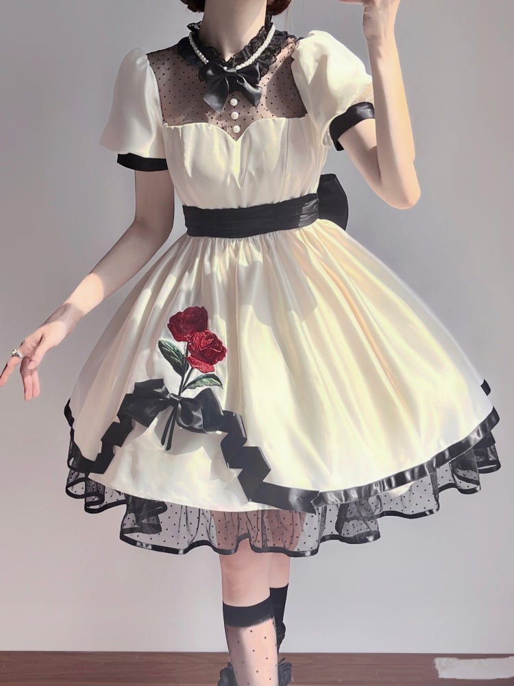 White Rosette Embroidery One Piece Cotton / Satin Dress