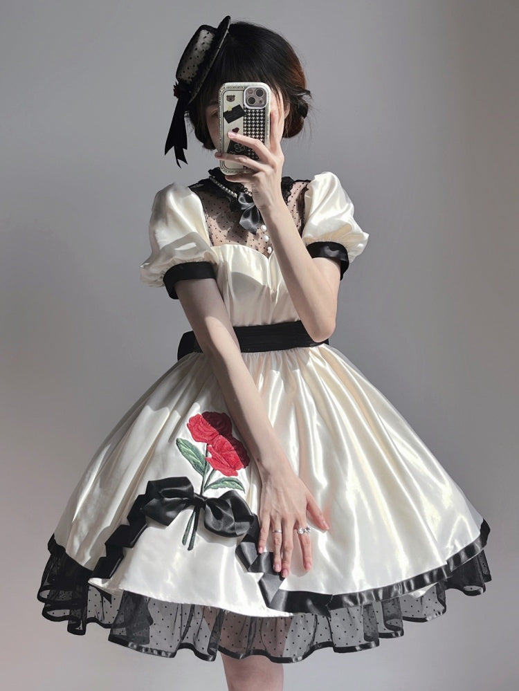 White Rosette Embroidery One Piece Cotton / Satin Dress