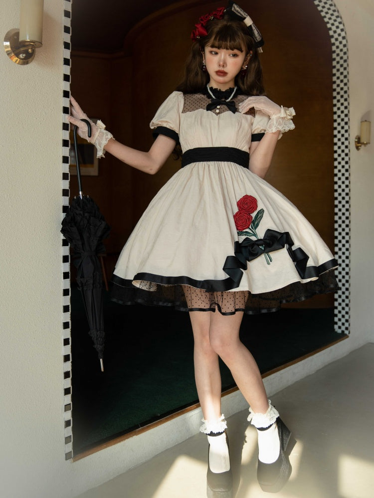 White Rosette Embroidery One Piece Cotton / Satin Dress