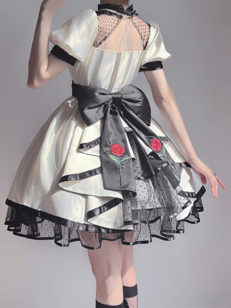 White Rosette Embroidery One Piece Cotton / Satin Dress