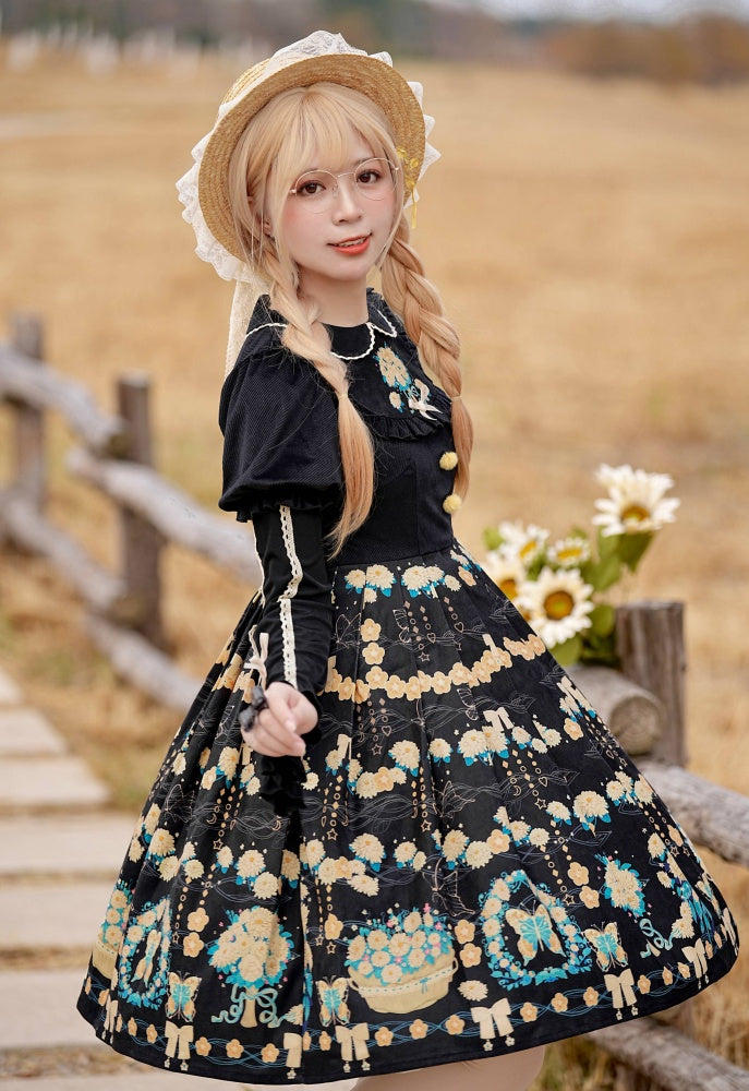 Flower Courtyard Peter Pan Collar Floral Print Pleated Skirt Long Sleeves One Piece