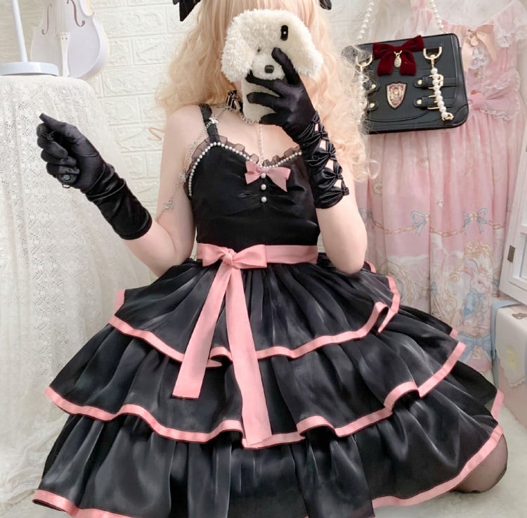 White Camellia / Black Rose Tiered Skirt Jumper Skirt