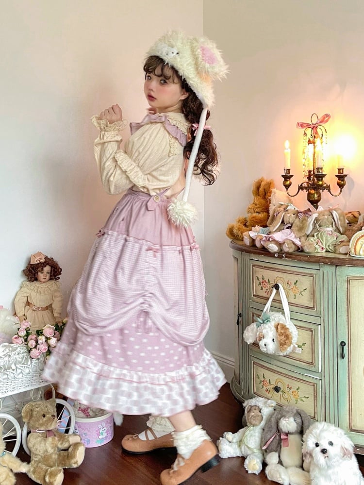 Pink / Blue Polka-dot Overalls Drawstring Hem