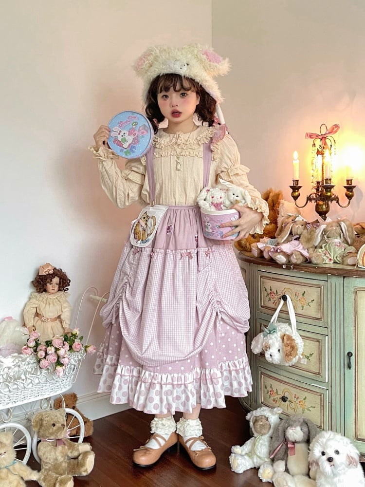 Pink / Blue Polka-dot Overalls Drawstring Hem