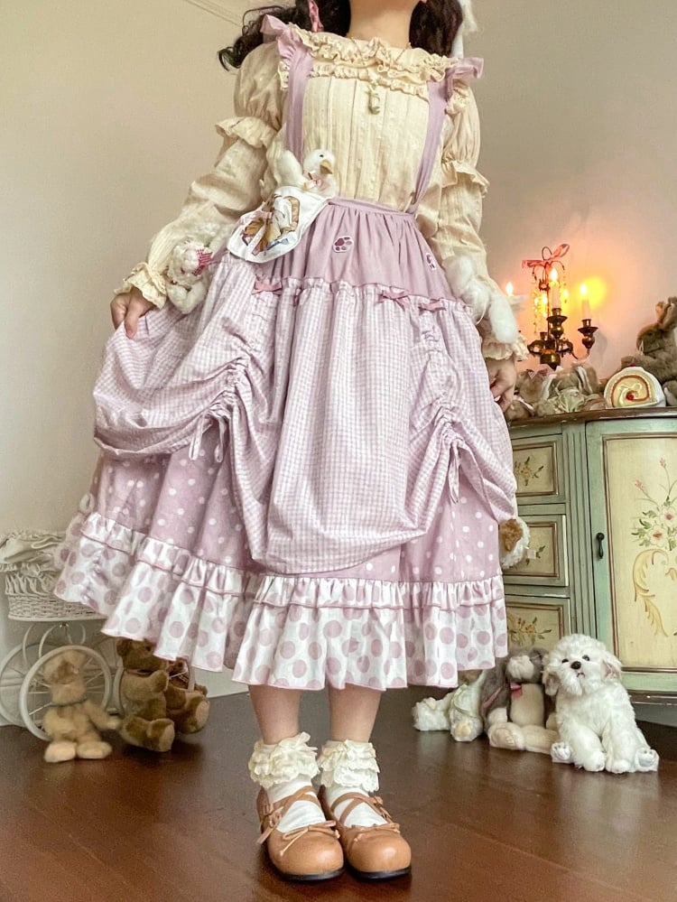 Pink / Blue Polka-dot Overalls Drawstring Hem