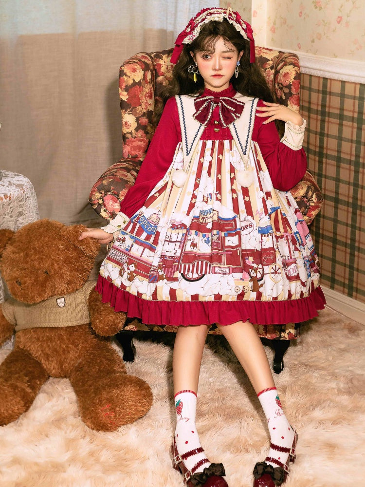 Popcorn and Star Pattern Print Pointed Collar One Piece Red and Yellow