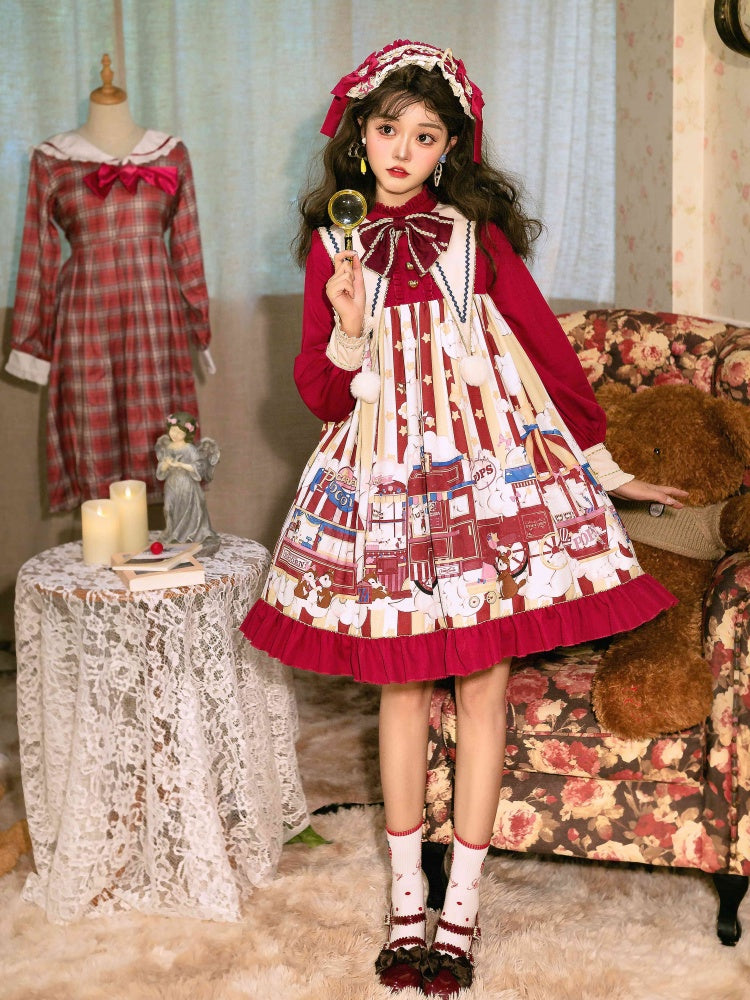 Popcorn and Star Pattern Print Pointed Collar One Piece Red and Yellow