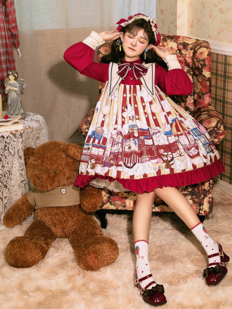 Popcorn and Star Pattern Print Pointed Collar One Piece Red and Yellow