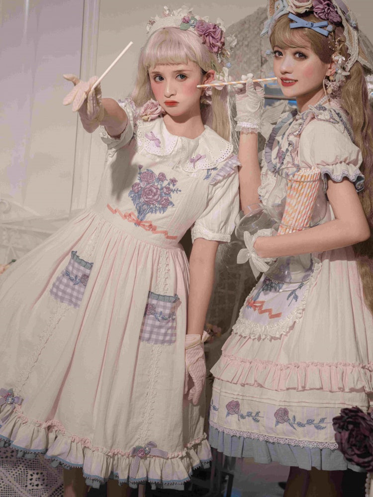 Hyaline Floral Embroidery Bodice High Waist Ruffle Hemline Jumper Skirt