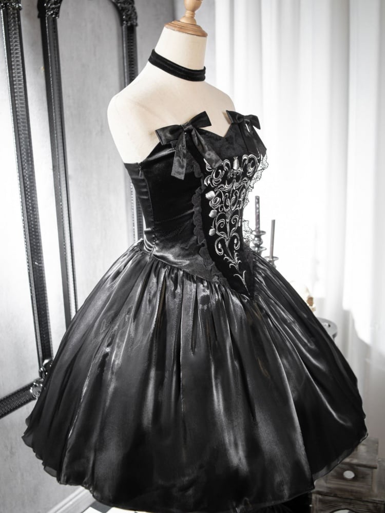 Lily of The Valley Manor Color Black Embroidery Bodice Sweetheart Neckline Strapless Lolita JSK