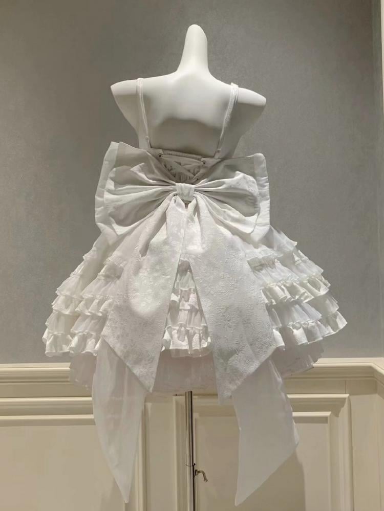 White Sweetheart Neckline Boned Bodice Balletcore Jumper Skirt Tiered Ruffles with Big Bow