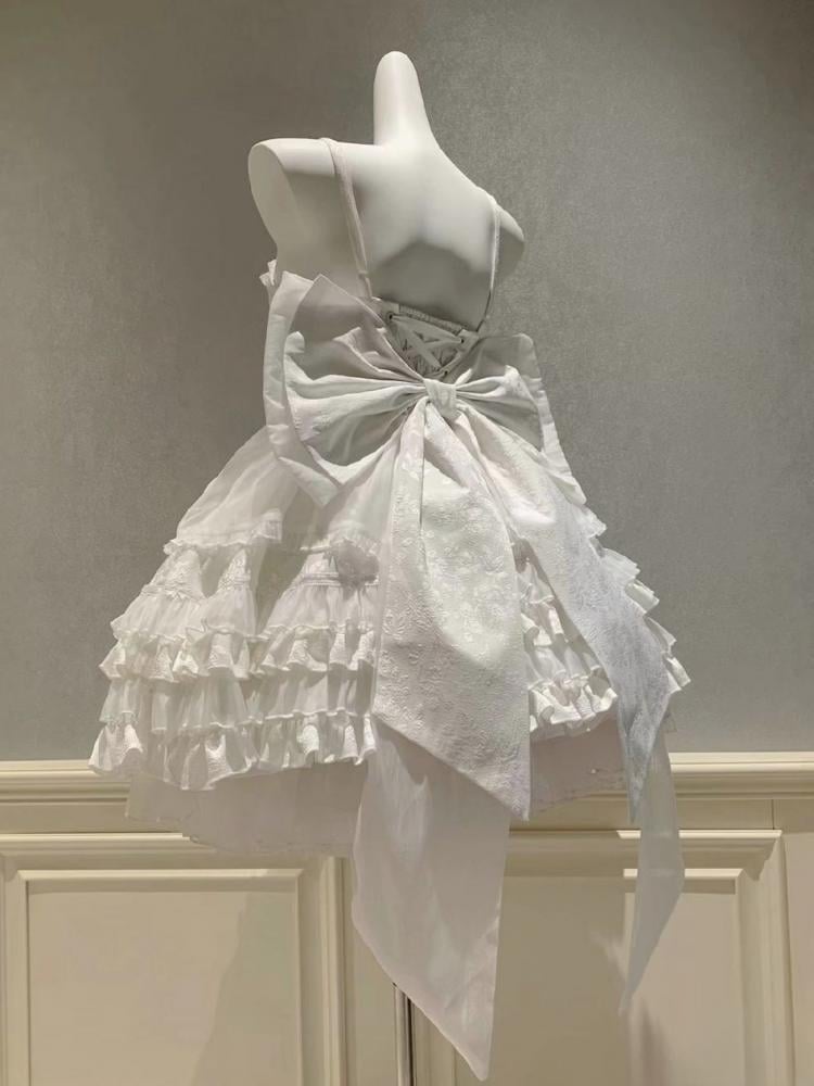 White Sweetheart Neckline Boned Bodice Balletcore Jumper Skirt Tiered Ruffles with Big Bow