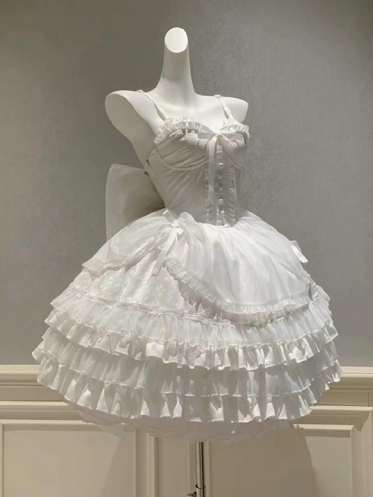 White Sweetheart Neckline Boned Bodice Balletcore Jumper Skirt Tiered Ruffles with Big Bow