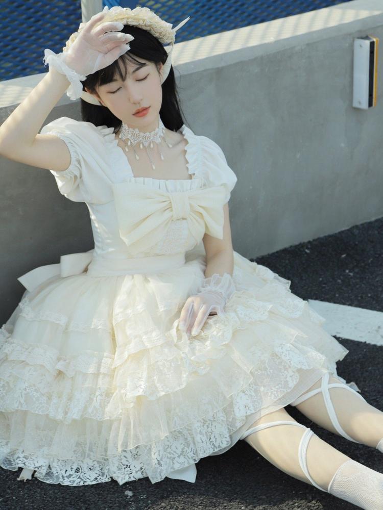 Light Yellow Big Bowknot Elastic Neckline One Piece