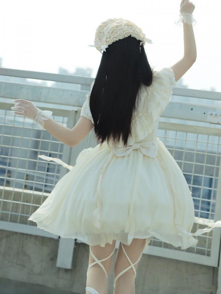 Light Yellow Big Bowknot Elastic Neckline One Piece