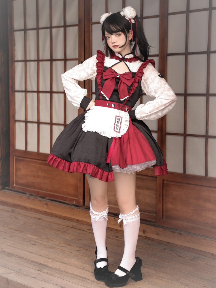 Banded Collar Irregular Pleated Ruffle Hem Qi Lolita Long Sleeves One Piece