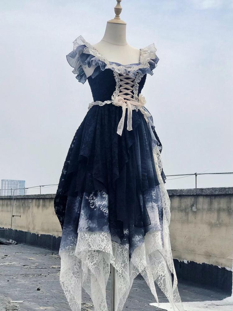 Lace-up Bodice Tie Dye Design Handkerchief Hem Lolita JSK