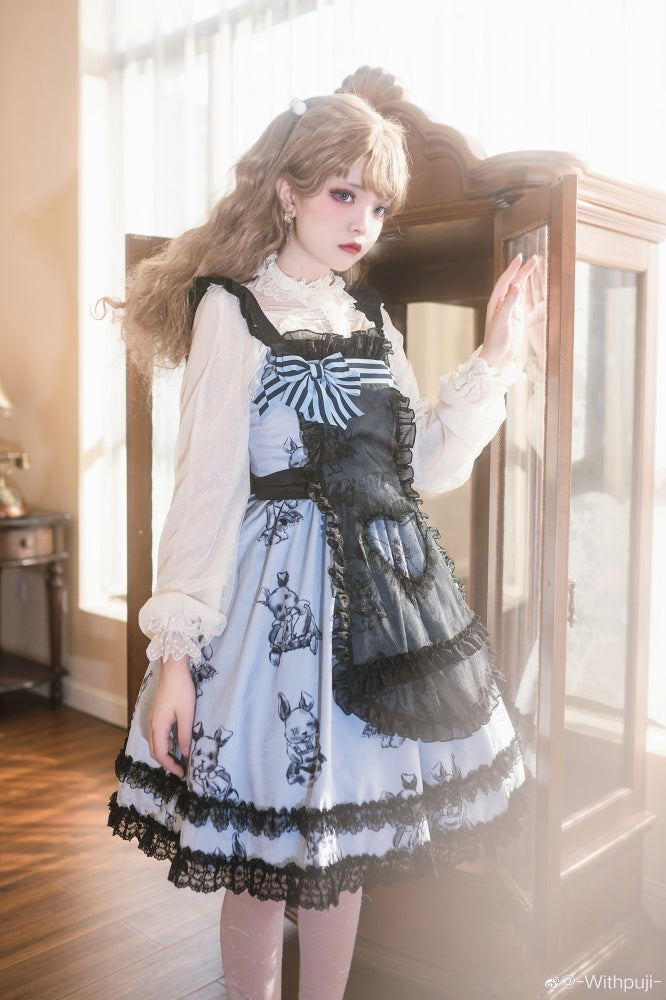 Puppet Rabbit Lace Trim Hemline Fake Two-pieces Design Jumper Skirt