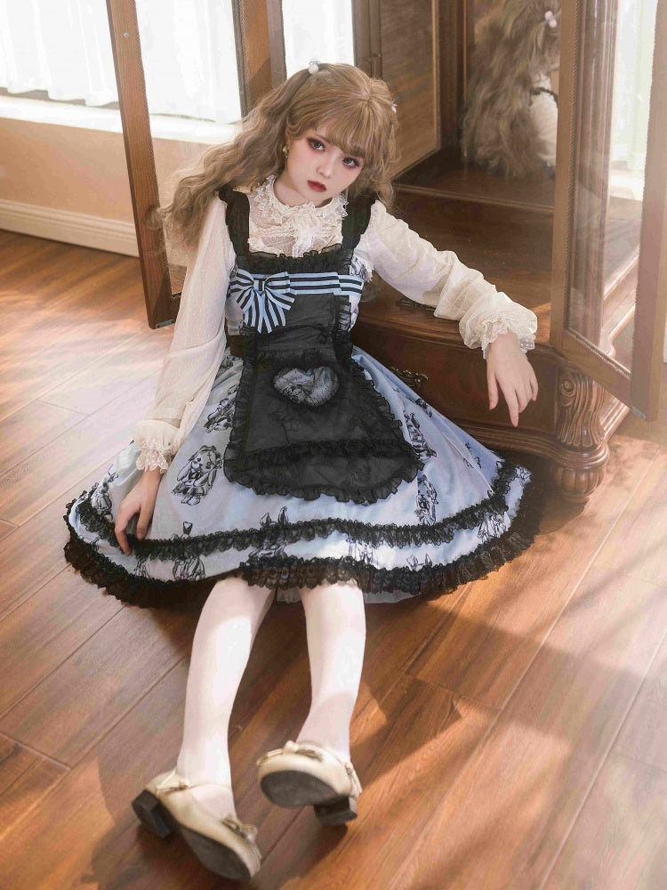 Puppet Rabbit Lace Trim Hemline Fake Two-pieces Design Jumper Skirt