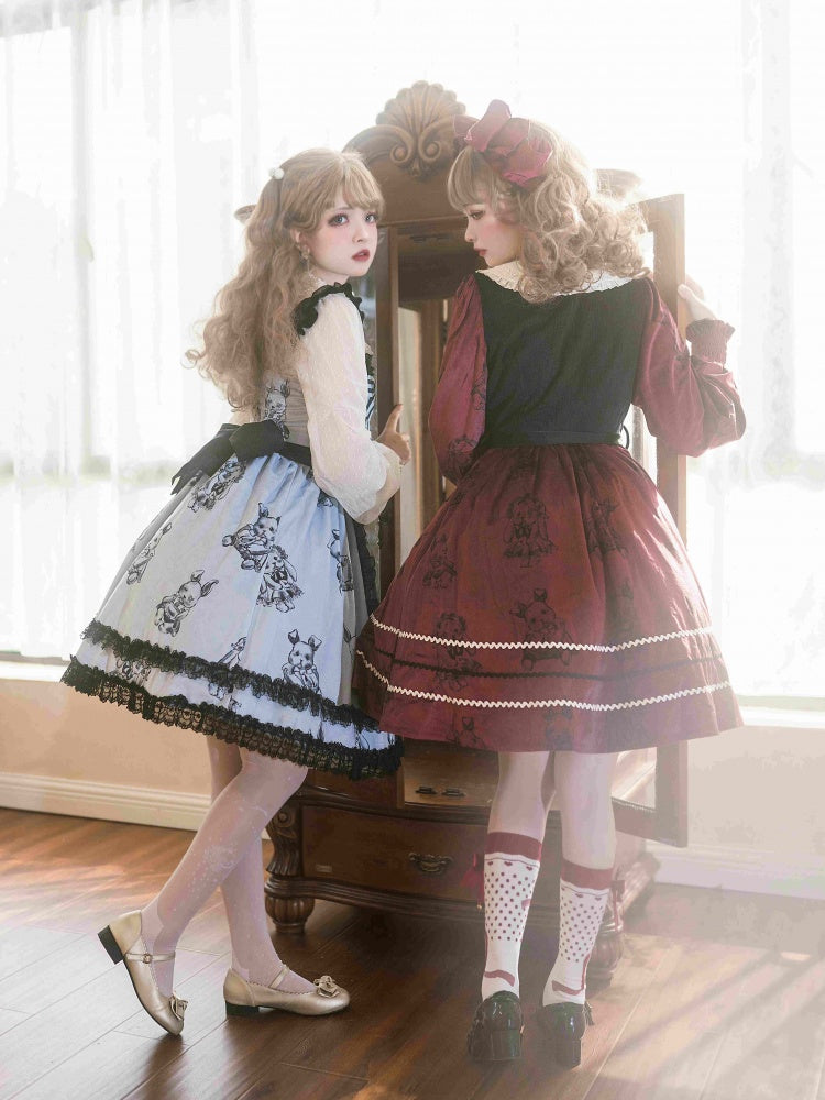 Puppet Rabbit Lace Trim Hemline Fake Two-pieces Design Jumper Skirt