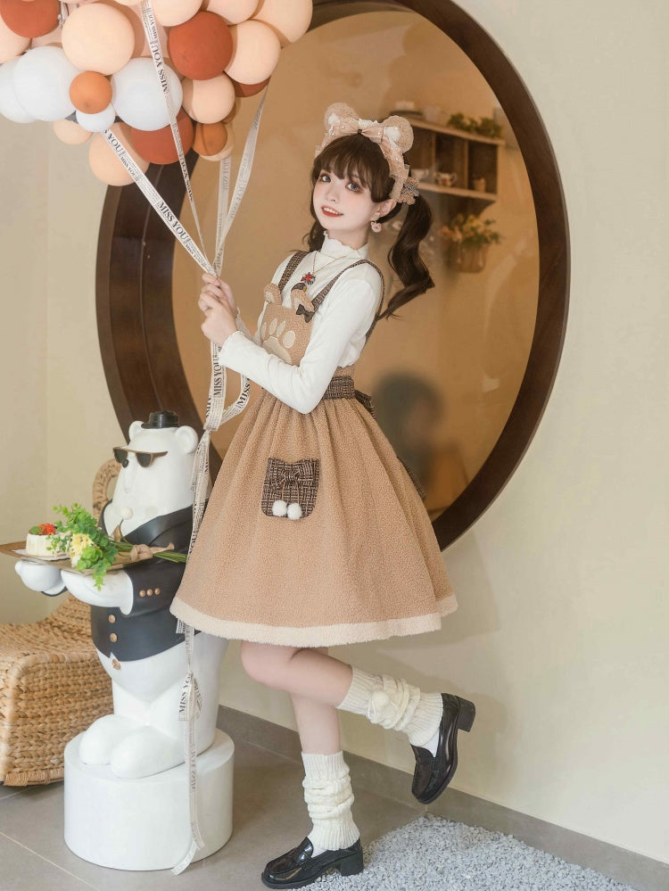 Silly Bear Brown Winter Sweet Fleece Lolita Overall Dress