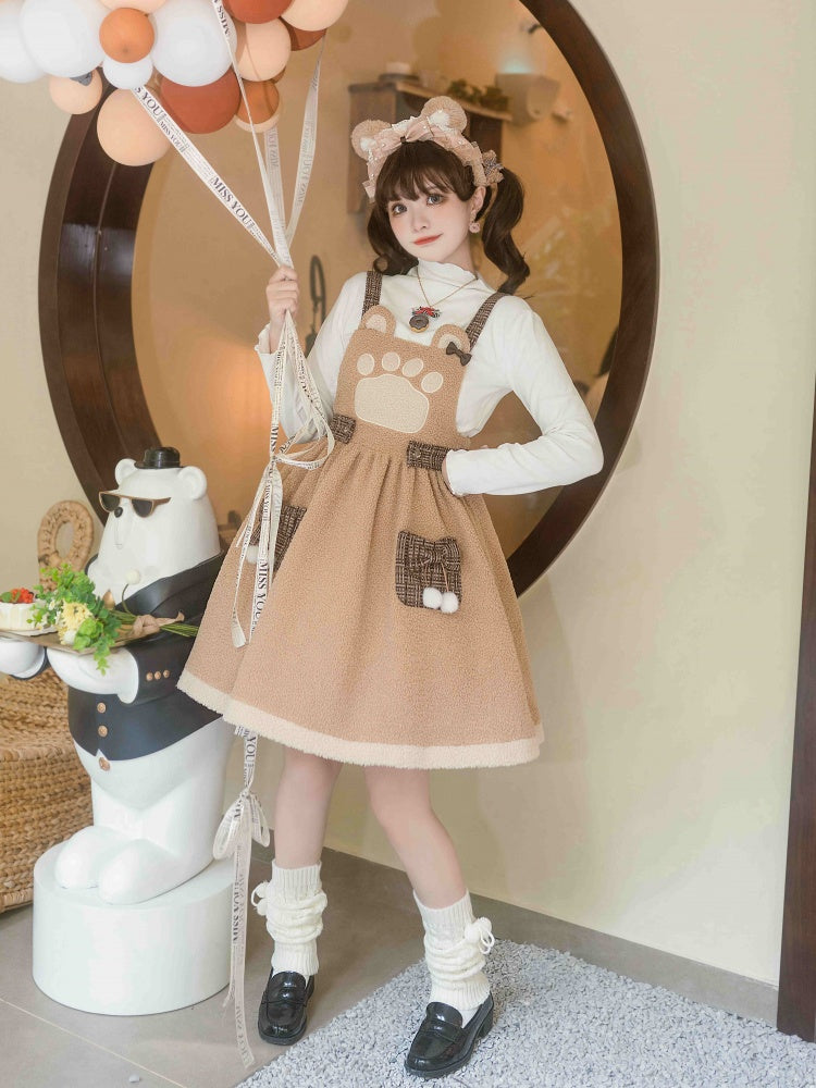 Silly Bear Brown Winter Sweet Fleece Lolita Overall Dress
