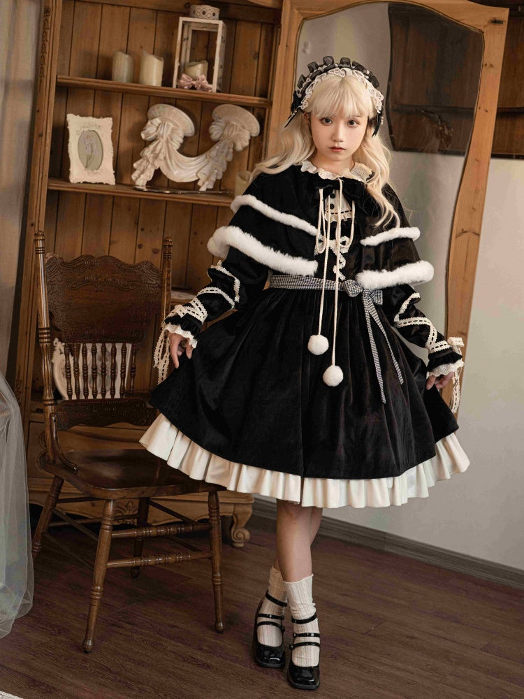 Winter Love Song Black and Beige Round Neck Velvet Long Sleeves One Piece