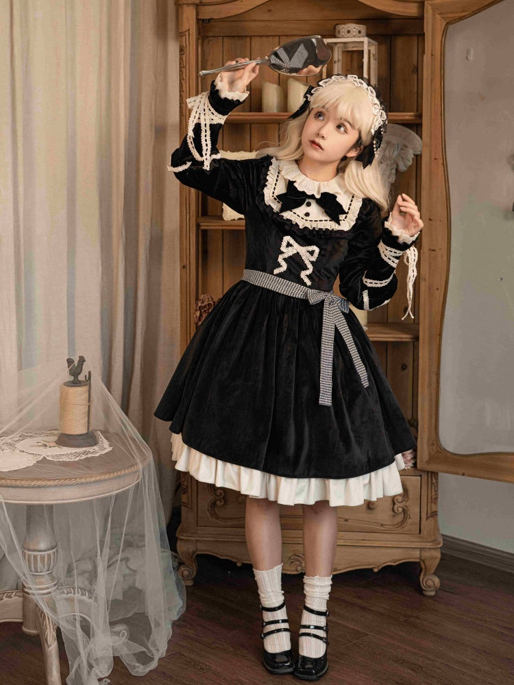 Winter Love Song Black and Beige Round Neck Velvet Long Sleeves One Piece