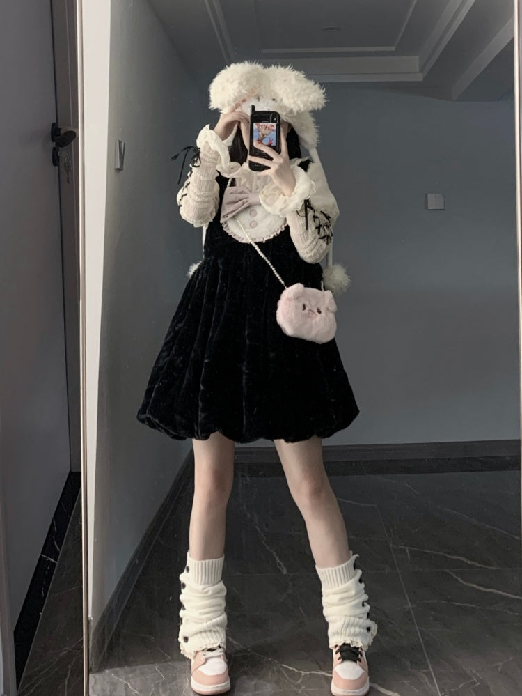 Little Sweet Bean Color Black and Pink Square Neckline Bubble Skirt Jumper Skirt