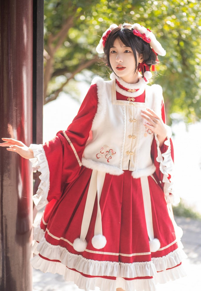 New Year Red and White Plush High Neck Ruffle Hemline Long Sleeves One Piece