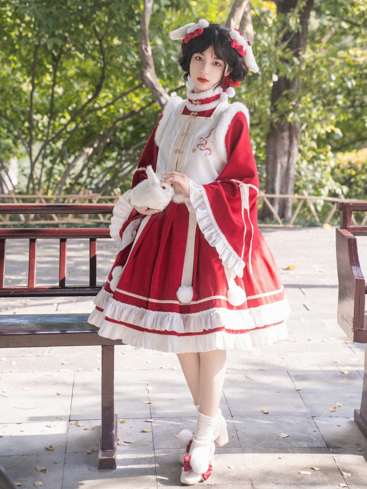 New Year Red and White Plush High Neck Ruffle Hemline Long Sleeves One Piece