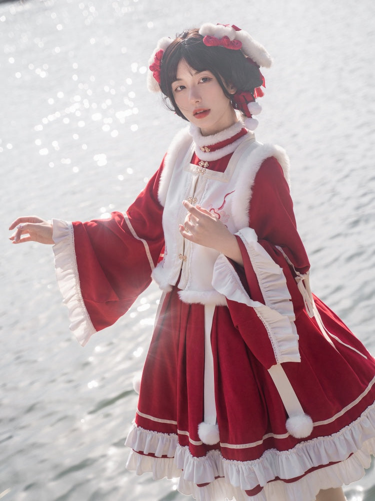 New Year Red and White Plush High Neck Ruffle Hemline Long Sleeves One Piece