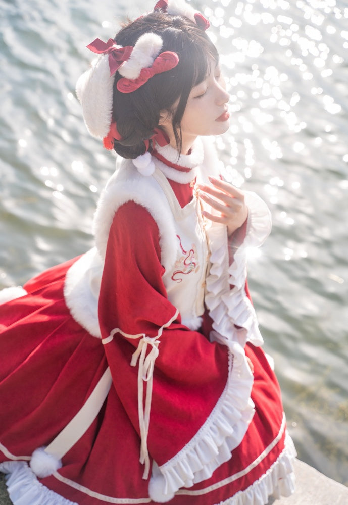 New Year Red and White Plush High Neck Ruffle Hemline Long Sleeves One Piece