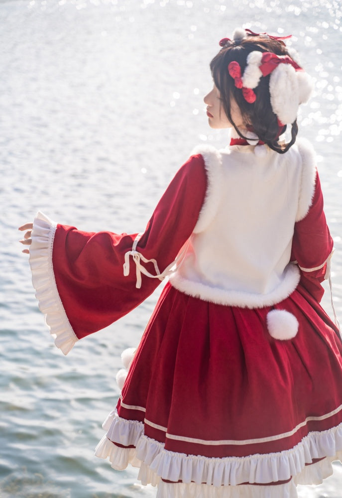 New Year Red and White Plush High Neck Ruffle Hemline Long Sleeves One Piece