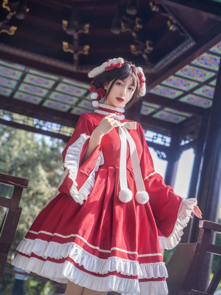 New Year Red and White Plush High Neck Ruffle Hemline Long Sleeves One Piece