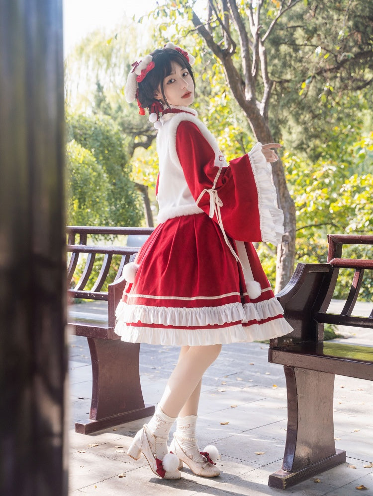 New Year Red and White Plush High Neck Ruffle Hemline Long Sleeves One Piece