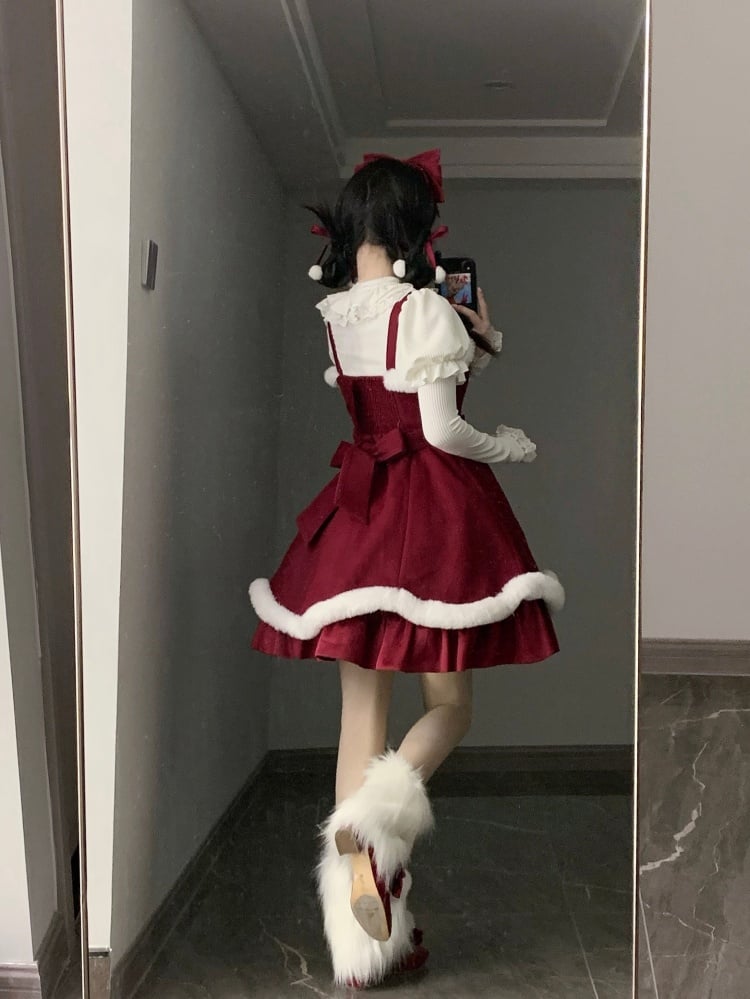 New Year Red and White Plush Trim Flounce Hemline Jumper Skirt